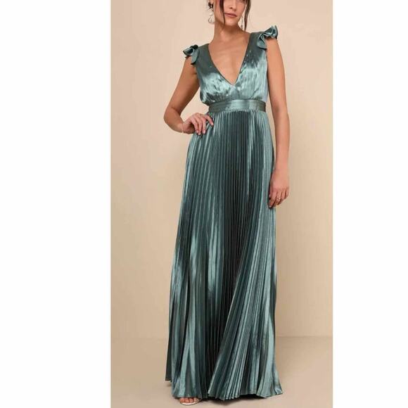 Lulus Exceptional Drama Sage Green Satin Lace-Up Pleated Maxi Dress - Picture 8 of 10